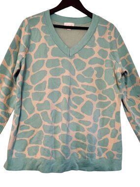 Belle By Kim Gravel Giraffe Print V-Neck Sweater Turquoise & Cream Long Sleeve L